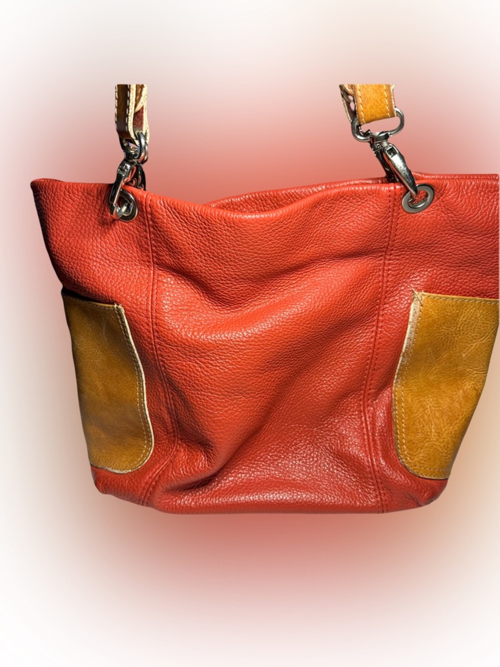 Pebbled Leather Shoulder Bag in Orange with Tan Accents